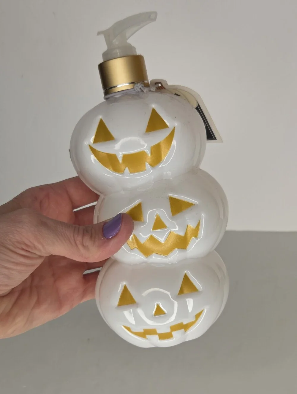 White Stacked Pumpkins Soap Pump Dispenser Halloween Eucalyptus Sage
